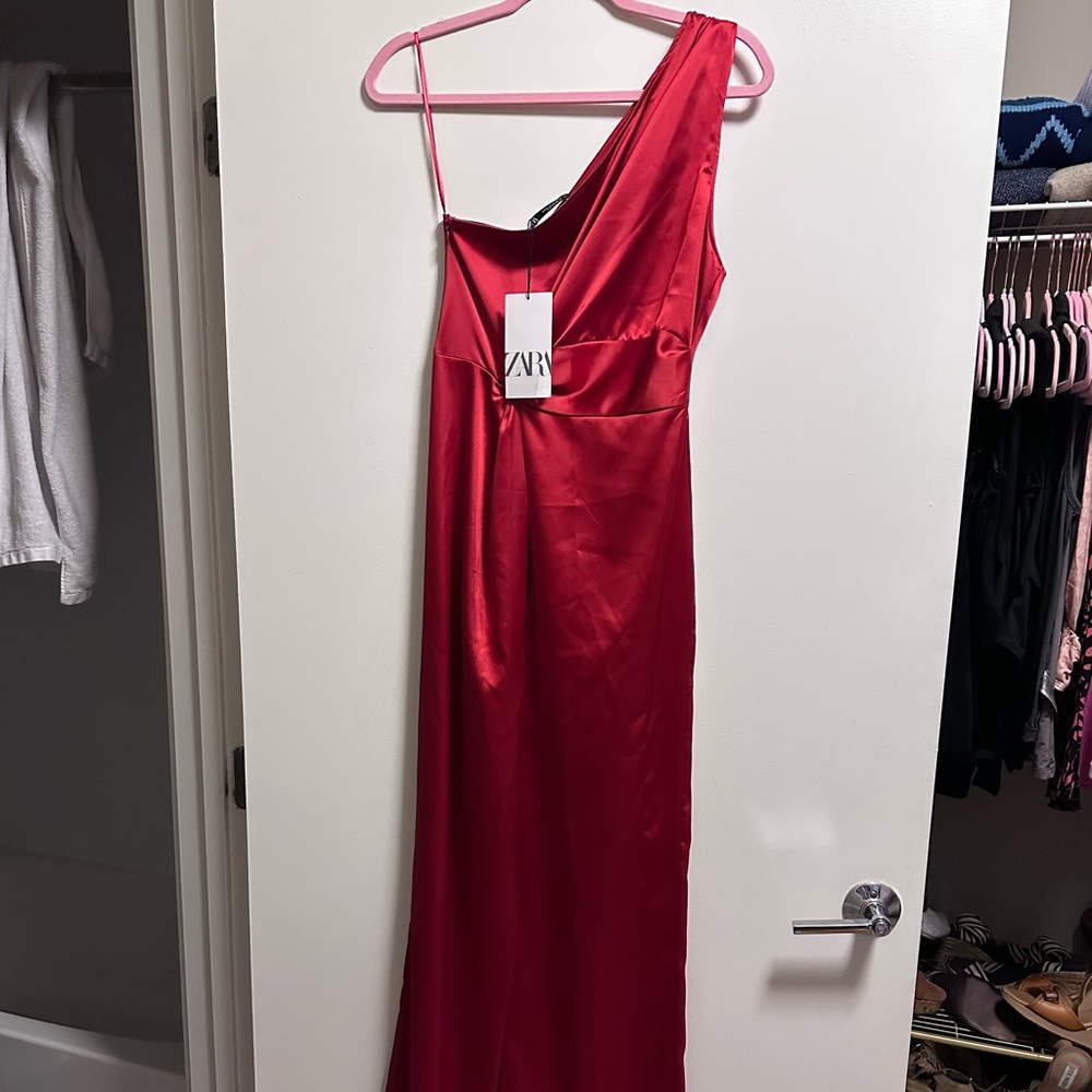 Zara one shoulder Red Satin Jumpsuit